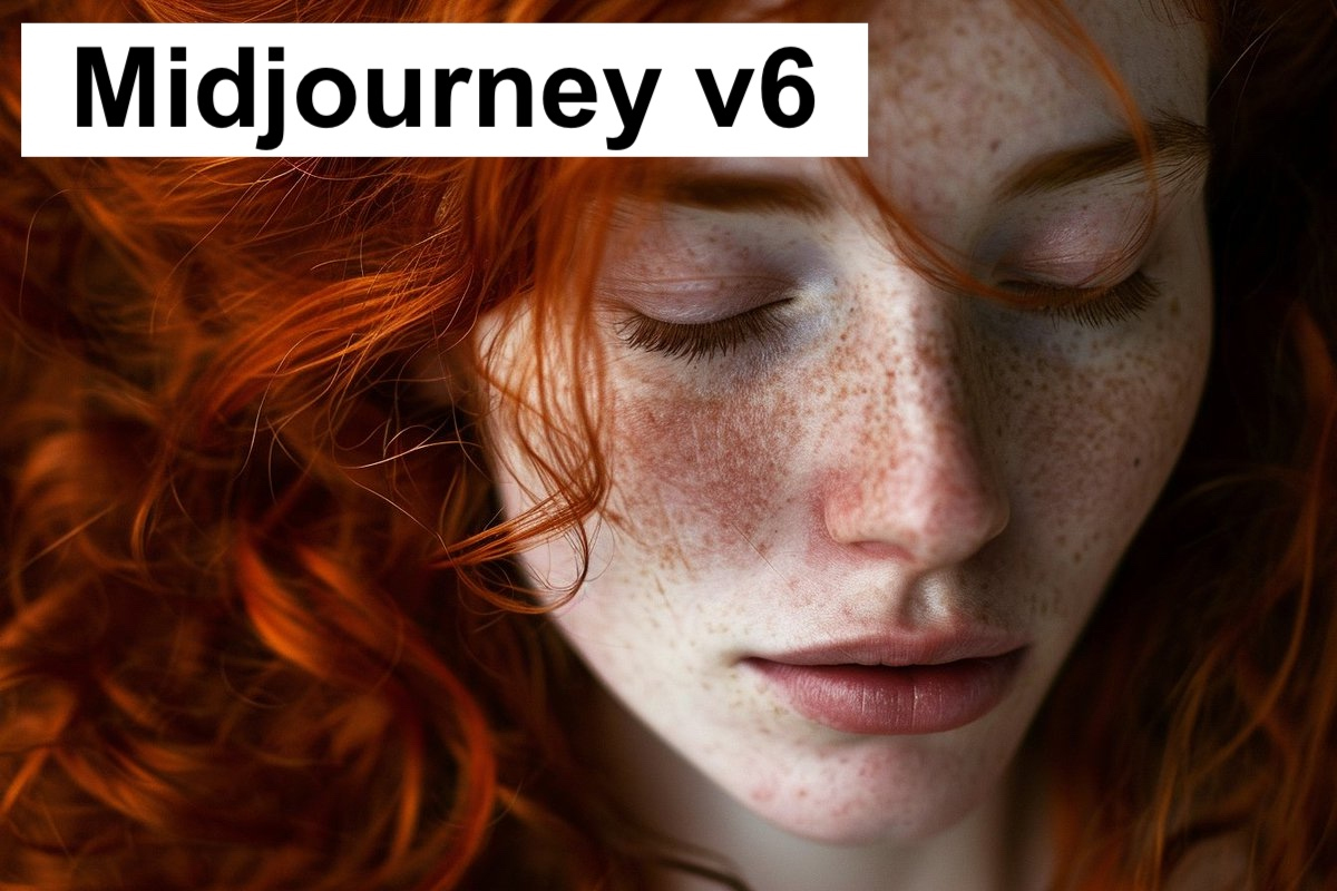 Kobieta o rudych włosach i piegowatej skórze z zamkniętymi oczami, nad nią znajduje się tekst "Midjourney v6".