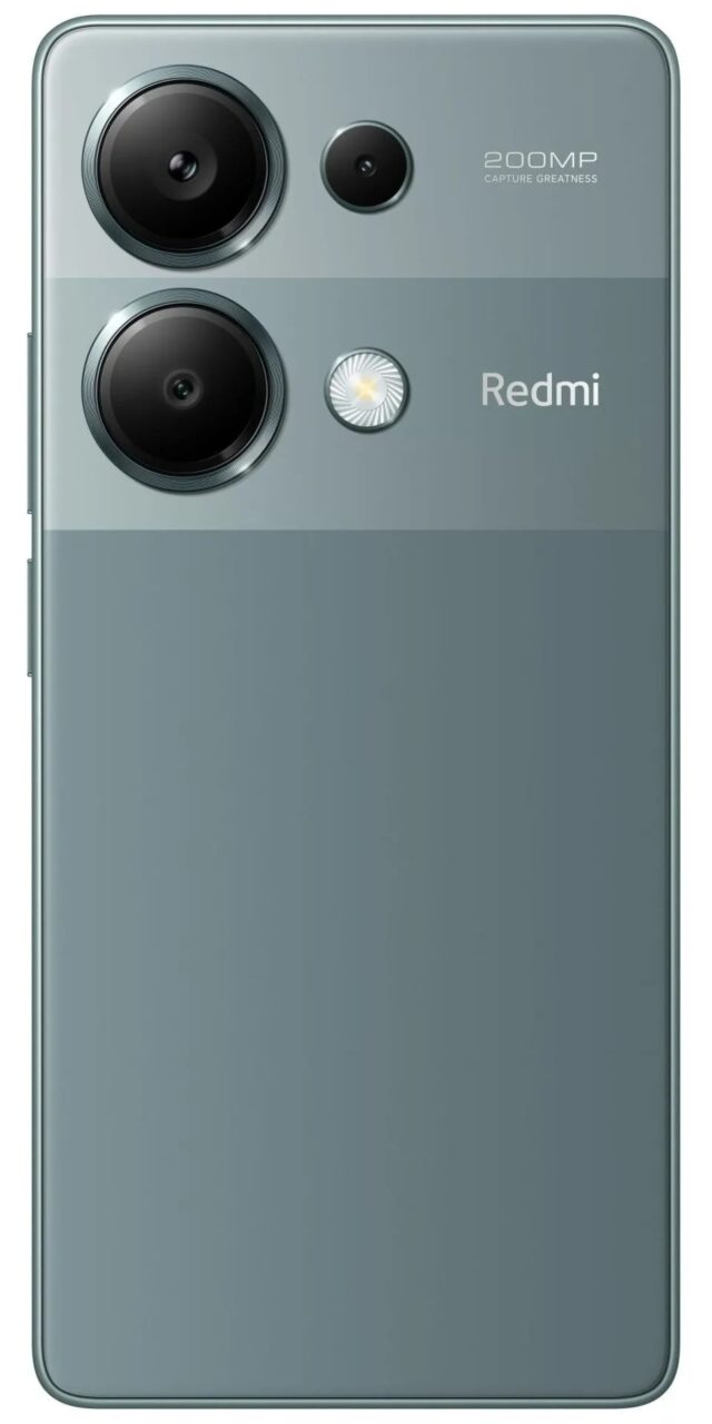 Tylna część smartfona marki Redmi w kolorze szarym z układem trzech aparatów fotograficznych, w tym jednym z napisem "200MP CAPTURE GREATNESS", i logo Redmi.