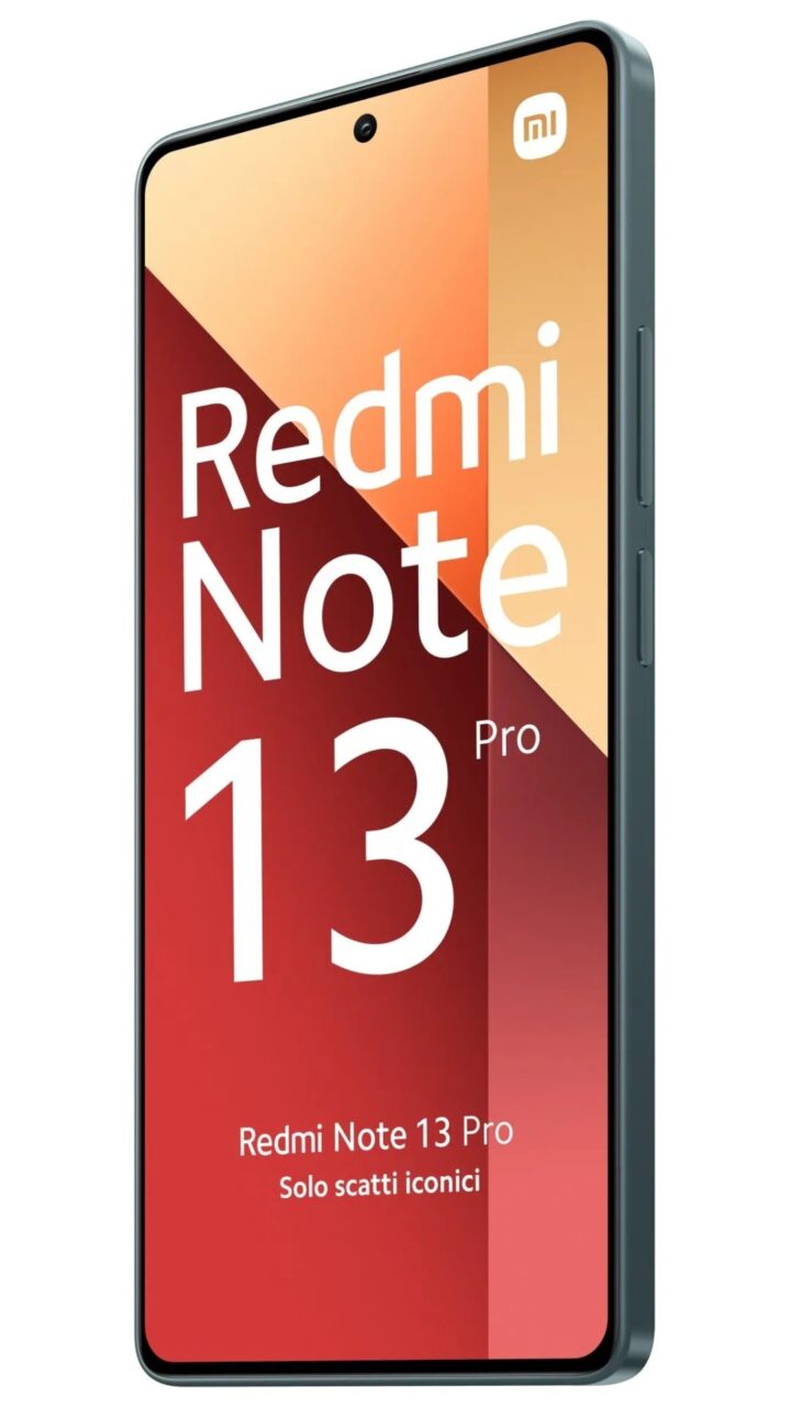 Smartfon Redmi Note 13 Pro z wyświetlonym na ekranie logo serii i modelem, na tle gradientu czerwono-pomarańczowego.
