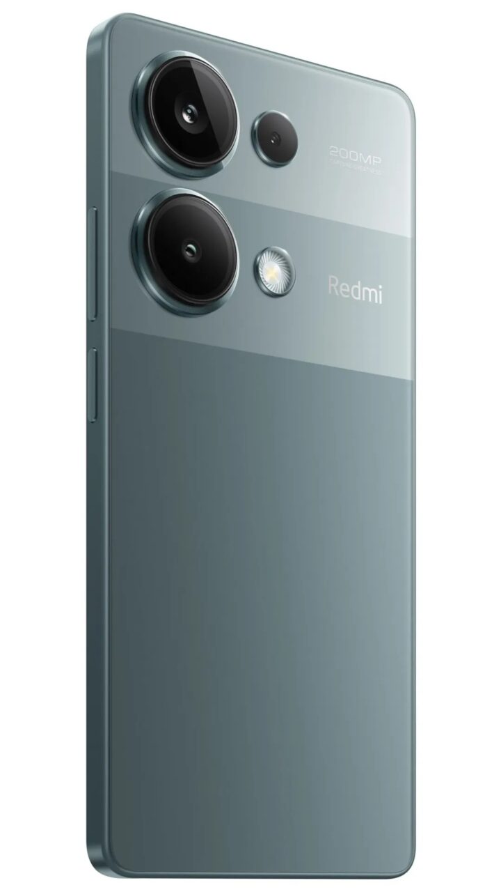 Tylna część smartfona marki Redmi w kolorze szarym z potrójnym systemem aparatów, przy czym główny aparat ma oznaczenie "200MP", a obok widoczne są srebrny pierścień błysku LED i logo marki.