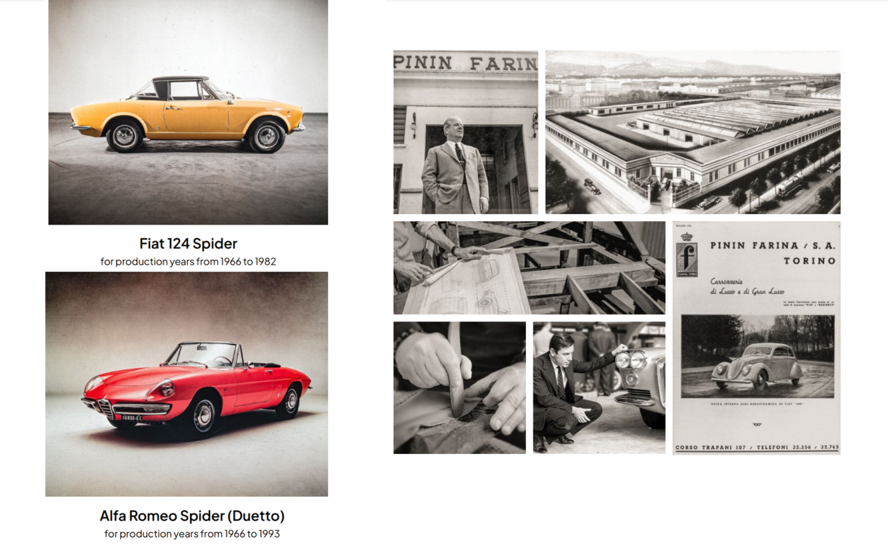 Kolaż zdjęć przedstawiający dwa klasyki motoryzacji Fiat 124 Spider i Alfa Romeo Spider (Duetto), oraz różne czarno-białe zdjęcia związane z projektowaniem i produkcją samochodów, w tym portret mężczyzny przed budynkiem z napisem "PININ FARINA" oraz reklamę z epoki z tekstem "PININ FARINA / S.A. TORINO" i wizerunkiem samochodu.