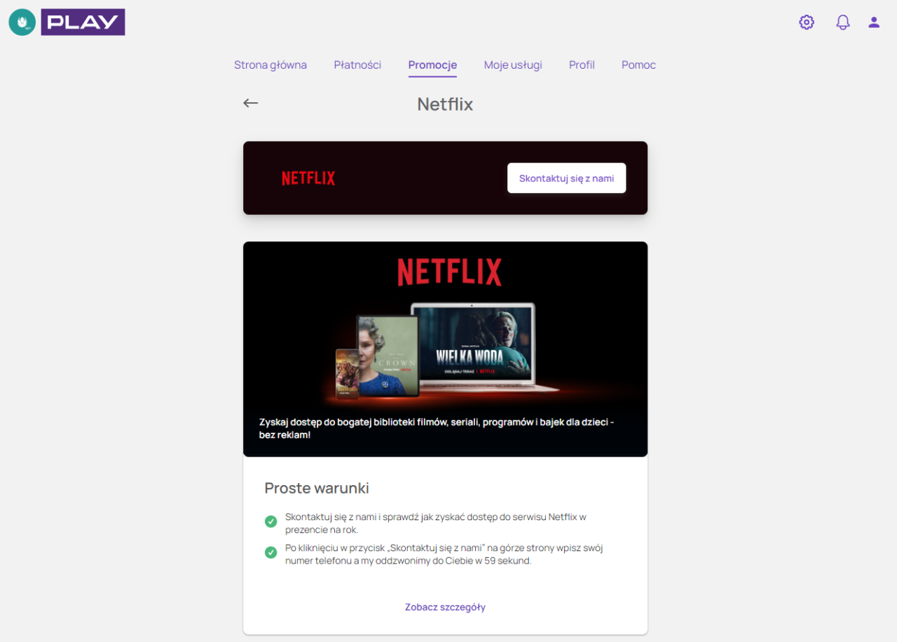 Strona internetowa z ofertą dostępu do serwisu Netflix, zawierająca grafikę z logo Netflix i przykładowymi obrazami z seriali, opcje menu oraz przyciski interakcji.