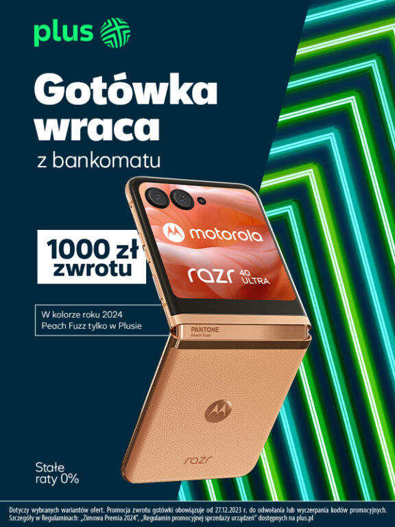 Reklama telefonu Motorola Razr na tle abstrakcyjnych, neonowych linii z tekstem promocyjnym firmy Plus, oferującym 1000 zł zwrotu i 0% rat.