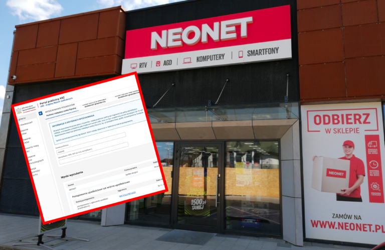 Wejście do sklepu NEONET z logo i napisem "RTV | AGD | KOMPUTERY | SMARTFONY" na tle budynku, z osłoniętymi oknami sklepowymi oraz nałożonym obrazkiem przedstawiającym stronę Ministerstwa Sprawiedliwości.