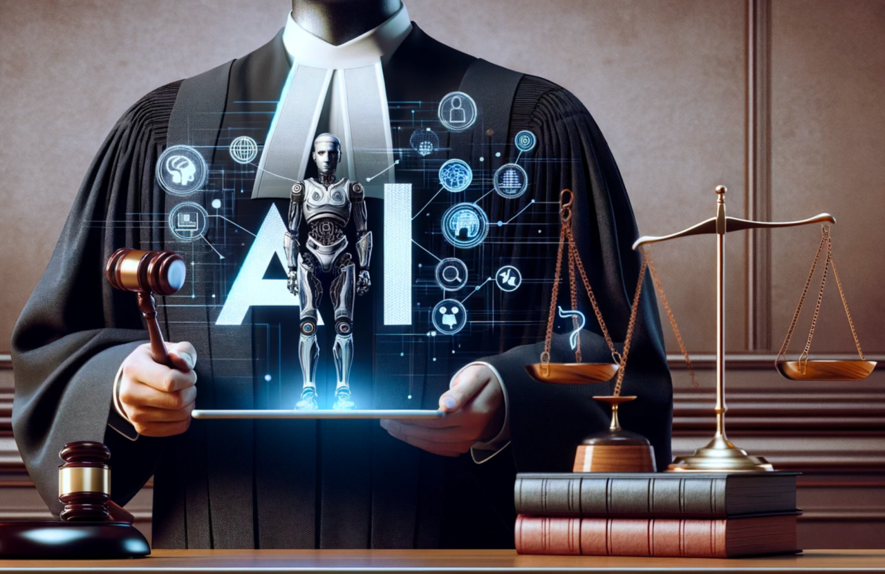 Sąd wchodzący w interakcję z hologramem przedstawiającym sztuczną inteligencję z ikonami technologicznymi i prawnymi, młotek sędziowski w jednej ręce i waga sprawiedliwości po prawej stronie na tle biblioteki prawniczej.