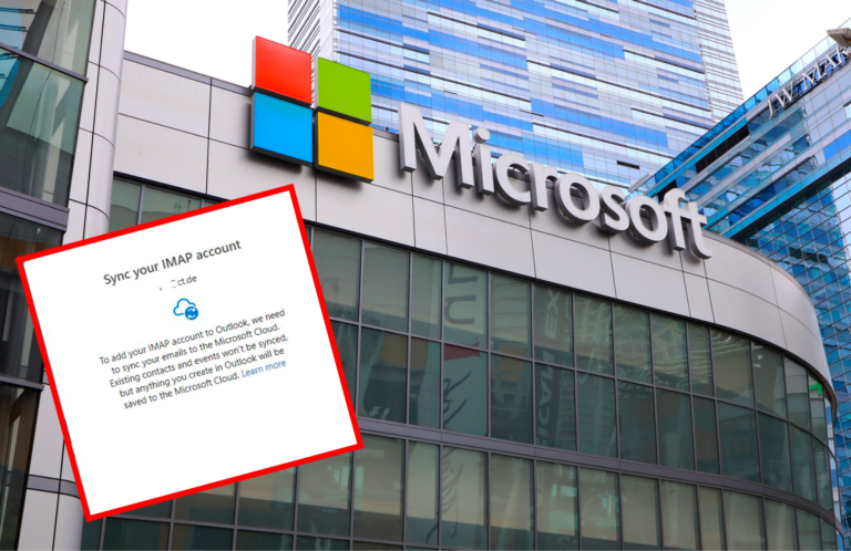 Zdjęcie fasady nowoczesnego biurowca z dużym logo Microsoft i wiatą z kolorowymi kwadratami Windows, z nachyloną kartką na pierwszym planie o treści dotyczącej synchronizacji kont IMAP.