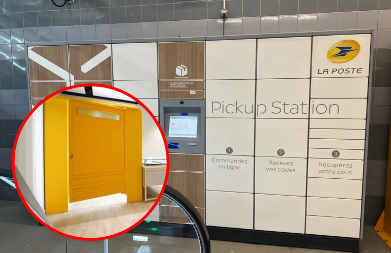 Stacja odbioru paczek firmy La Poste poczta z wbudowanym ekranem dotykowym i szafkami do odbioru przesyłek, zacieniony niewyraźny obraz z przodu w czerwonej obwódce.
