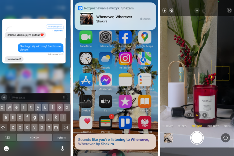 Zrzut ekranu iPhone z otwartymi aplikacjami i powiadomieniami, w tym wiadomością tekstową, rozpoznawaniem muzyki Shazam oraz ekranem aparatu.