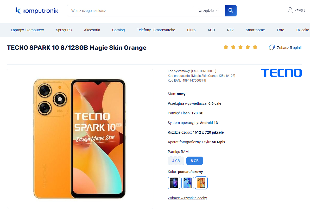 Strona internetowa sklepu Komputronik prezentująca smartfon TECNO SPARK 10 w kolorze Magic Skin Orange z 8 GB RAM i 128 GB pamięci flash, pokazująca zdjęcie telefonu z przedniej i tylnej strony oraz jego specyfikacje takie jak ekran 6.6 cala, system Android 13, rozdzielczość 1612 x 720 pikseli oraz tylny aparat fotograficzny 50 MPix.