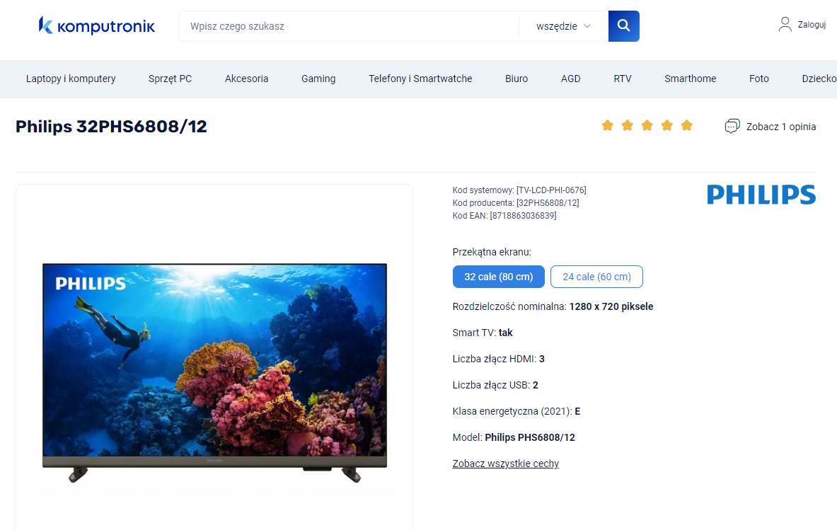 Telewizor Philips na stronie internetowej z wyświetlanym obrazem nurka eksplorującego koralową rafę.