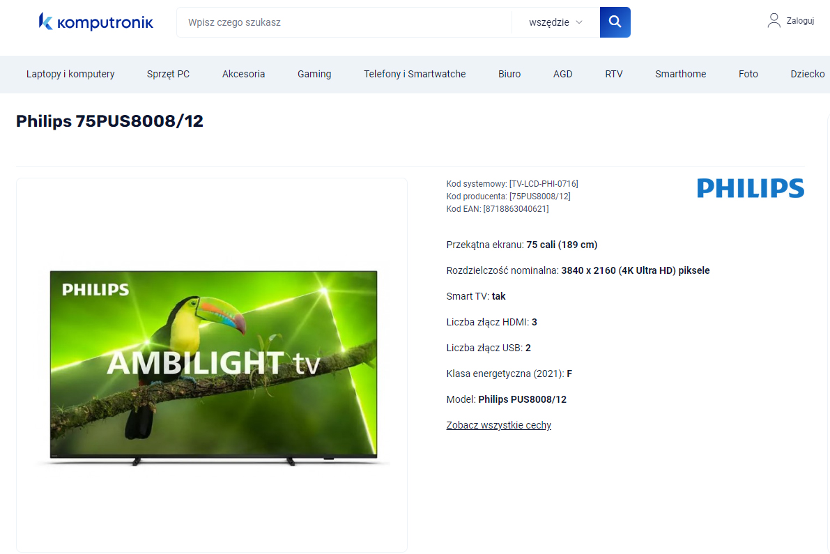 Strona internetowa Komputronik z reklamą telewizora Philips 75PUS8008/12, na zdjęciu telewizor z wyświetlanym obrazem tukana na gałęzi i napisem "AMBILIGHT tv", obok dane techniczne i logo Philips.