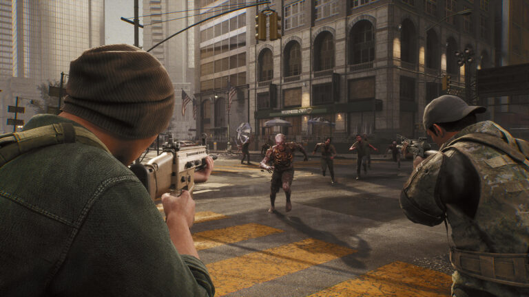 Dwóch żołnierzy celuje w nadchodzące zombie na zniszczonej miejskiej ulicy. Grafika z gry The Day Before