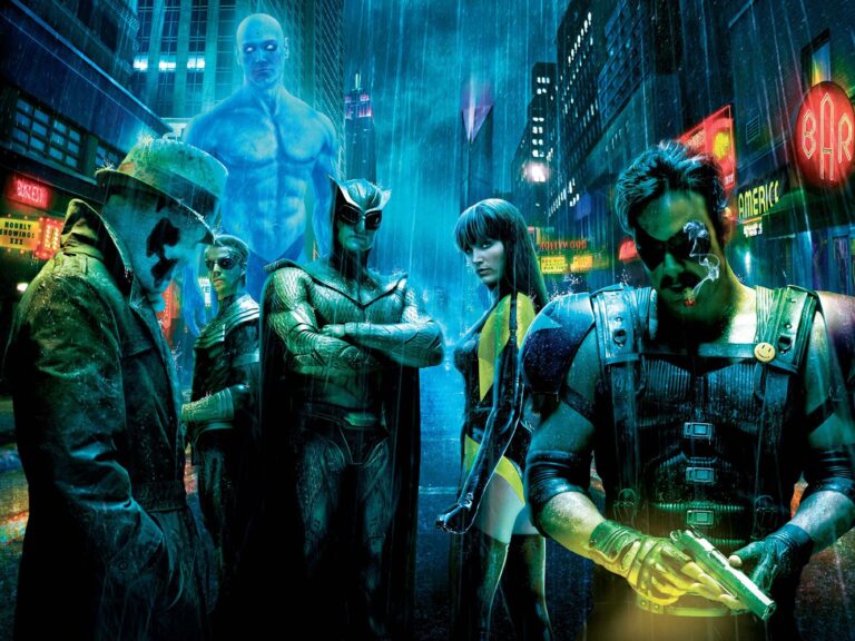 Zestaw postaci z filmu science-fiction, w maskach i kostiumach, stojących na tle wielkomiejskiej sceny nocnej z neonowymi reklamami podczas deszczu. Plakat reklamujący film Watchman. Reżyser Zack Snyder