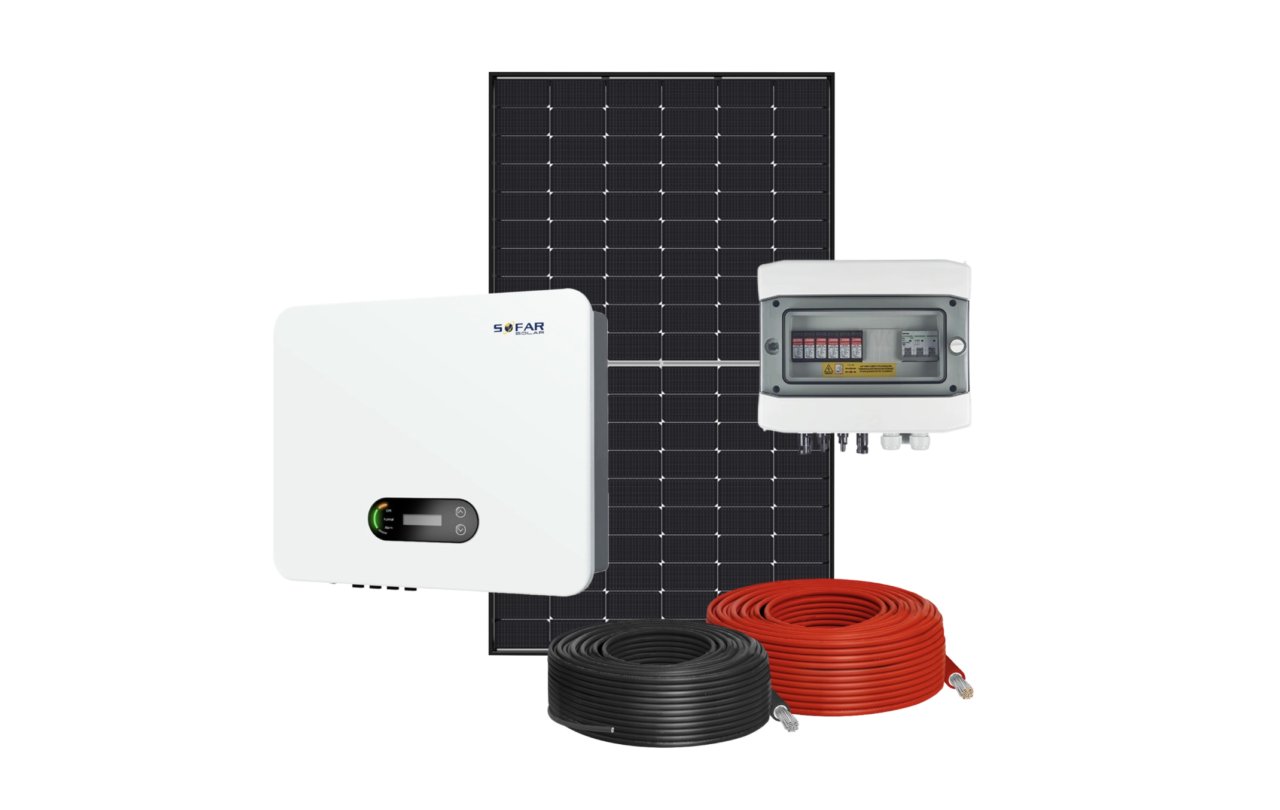 Elementy systemu fotowoltaicznego: inwerter, panel słoneczny, rozdzielnica AC i przewody.