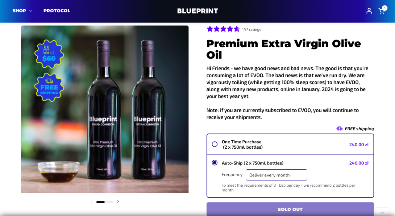 Dwie butelki oliwy z oliwek extra virgin marki Blueprint znajdujące się obok siebie na tle strony internetowej z opisem produktu i informacjami o zakupie. Johnson zatrzymuje proces starzenia. Pomoże oliwa.
