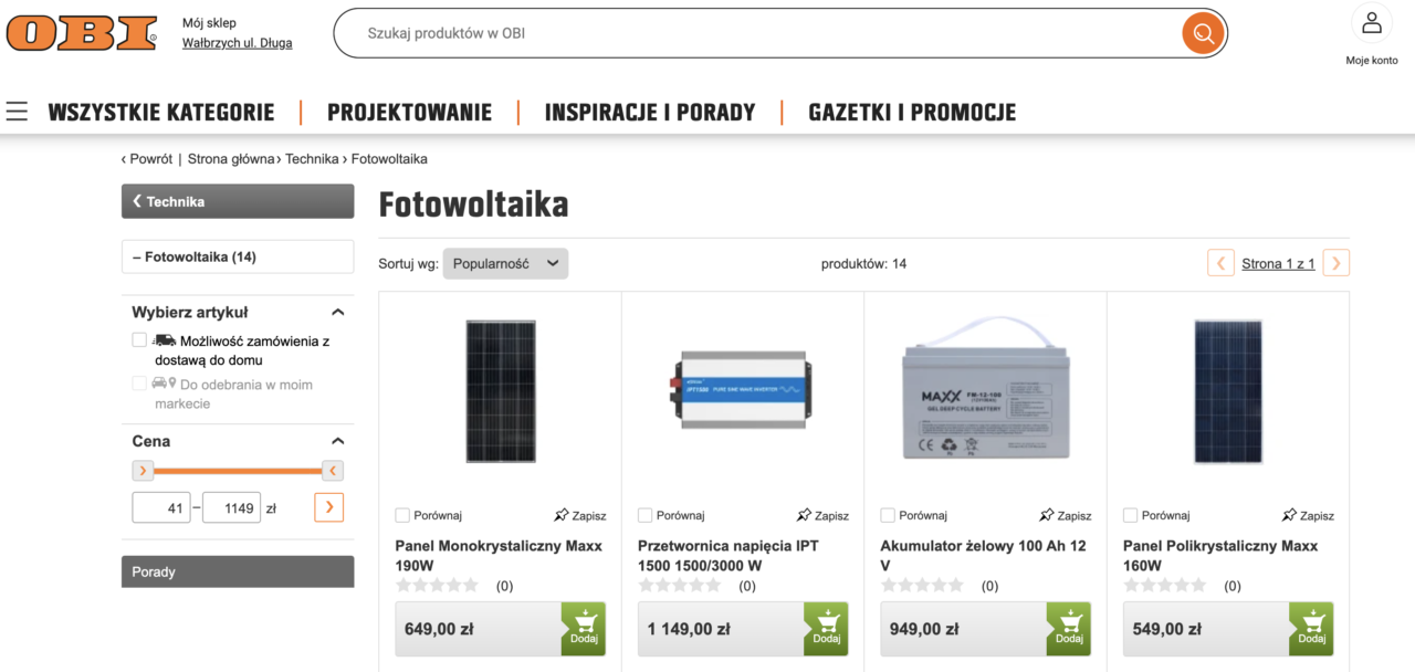 Strona internetowa sklepu OBI z kategorią produktów fotowoltaicznych, wyświetlająca panele słoneczne i akcesoria, z opcjami sortowania i filtrowania według ceny.