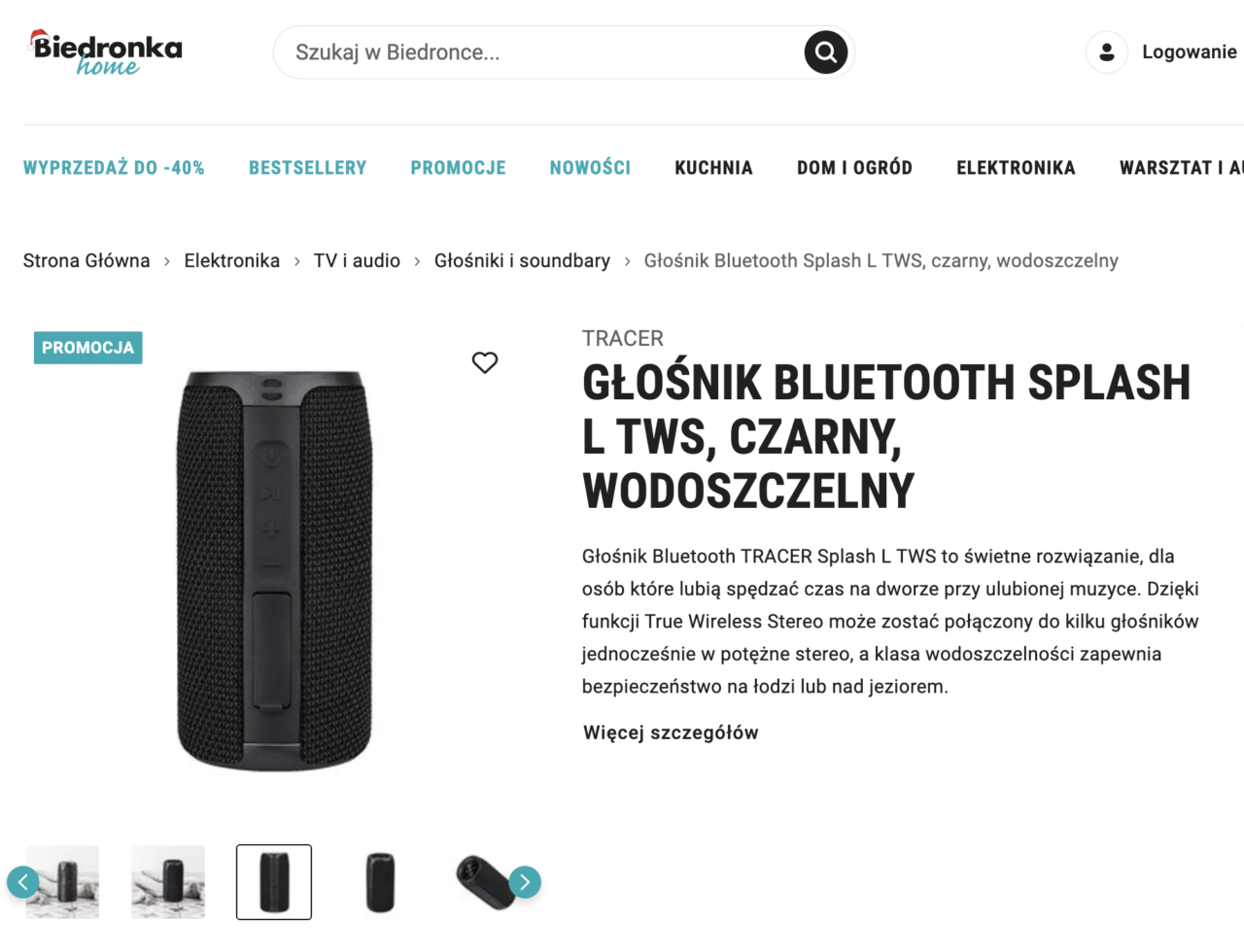 Strona internetowa sklepu Biedronka z promocją czarnego, wodoszczelnego głośnika Bluetooth Splash L TWS marki Tracer.