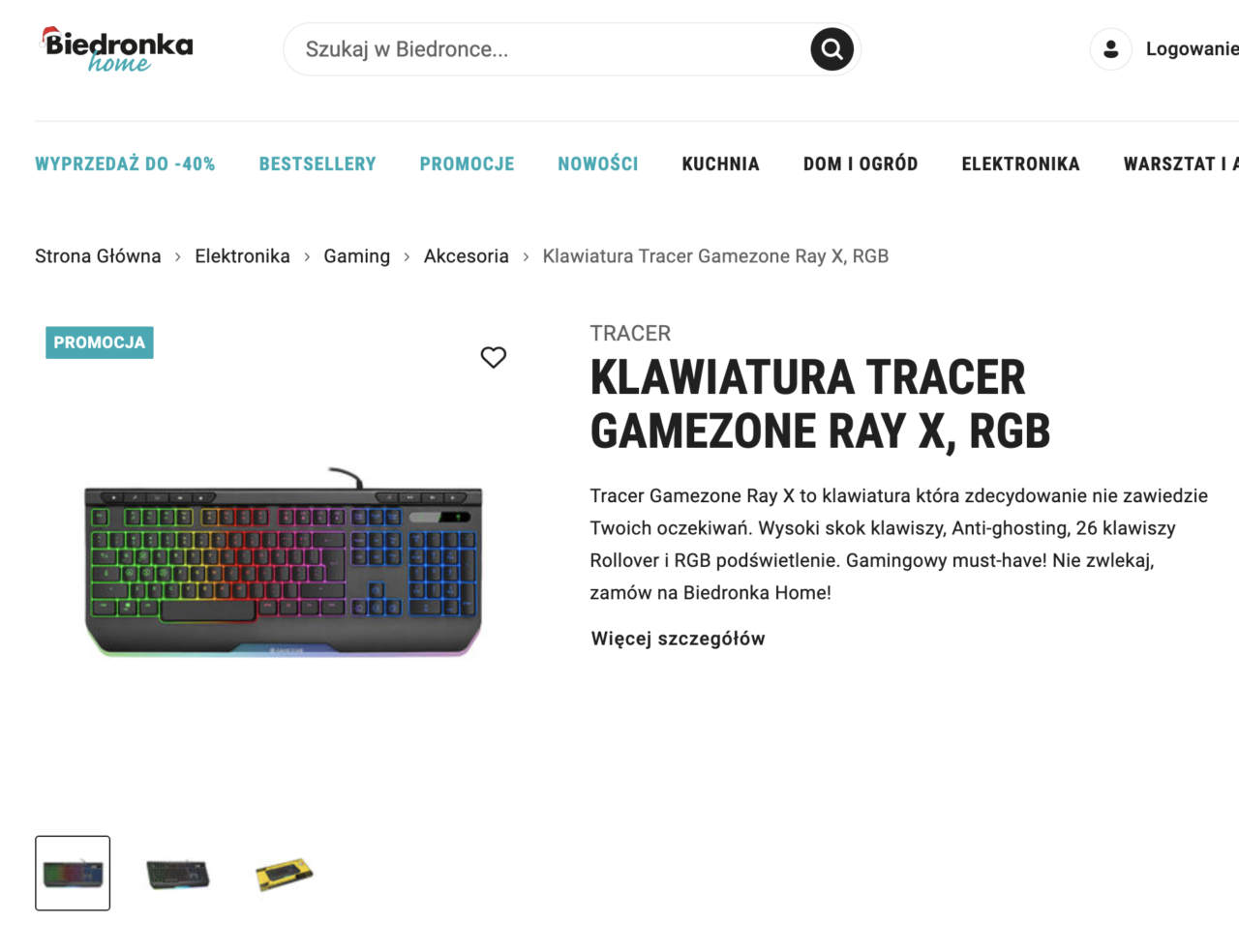 Strona internetowa sklepu Biedronka z promocją klawiatury Tracer Gamezone Ray X, RGB, wyświetlająca obraz klawiatury z kolorowym podświetleniem LED i opisem produktu.
