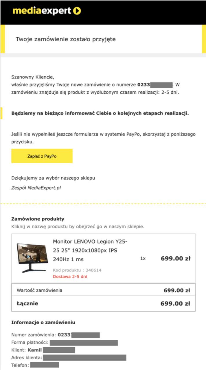 E-mail z potwierdzeniem zamówienia w sklepie MediaExpert z informacjami o zakupionym produkcie - monitorze LENOVO Legion Y25-25, szczegółami zamówienia i przyciskiem do płatności PayPo.