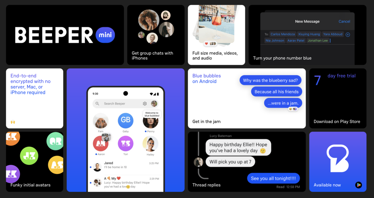 Reklama aplikacji komunikacyjnej Beeper mini, przedstawiająca różne funkcje: czaty grupowe, media pełnoekranowe, szyfrowanie end-to-end, bąbelki wiadomości na Androidzie oraz okres próbny 7 dni. Na ekranie wyświetlone są interfejs aplikacji i przykładowe wiadomości.