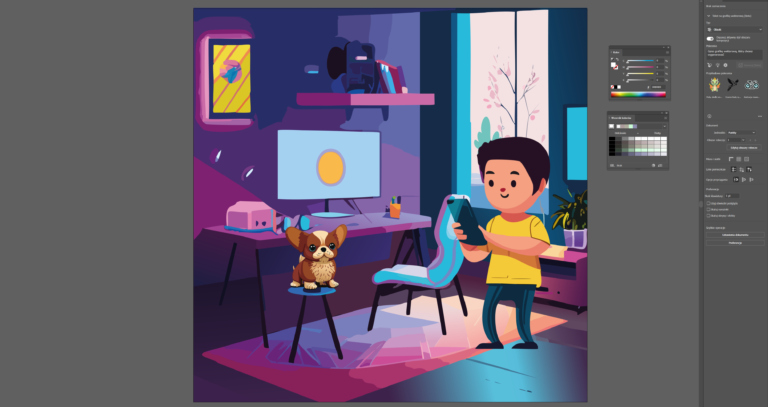 Ilustracja przedstawiająca chłopca grającego na tablecie i siedzącego w pokoju, obok niego na krześle siedzi mały pies. W tle widoczny jest komputer i otwarte okno z widokiem na drzewo.