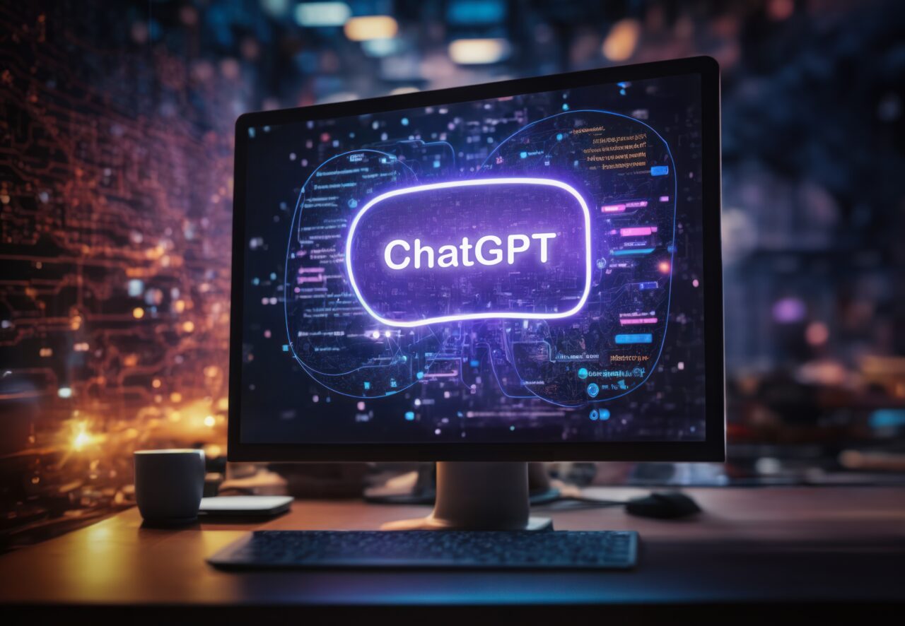 Ekran komputera wyświetlający logo „ChatGPT” z efektami neona na tle wirtualnej mapy sieciowej.