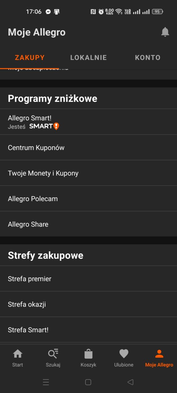 Zrzut ekranu z aplikacji mobilnej Allegro, wyświetlający menu użytkownika z opcjami zakupów, programów zniżkowych i stref zakupowych.