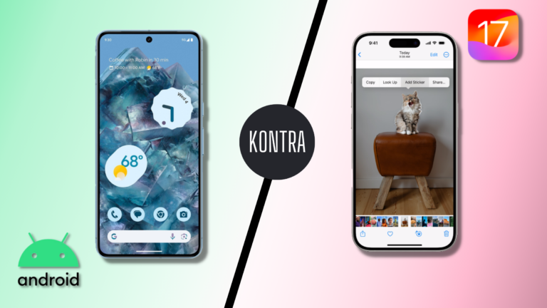 Porównanie interfejsu użytkownika systemu Android oraz iOS, zaznaczone słowem "KONTRA" oddzielającym oba wyświetlacze; po lewej ekran urządzenia z Androidem z aplikacją prognozy pogody, a po prawej iPhone z aplikacją zdjęć zawierającym zdjęcie kota.