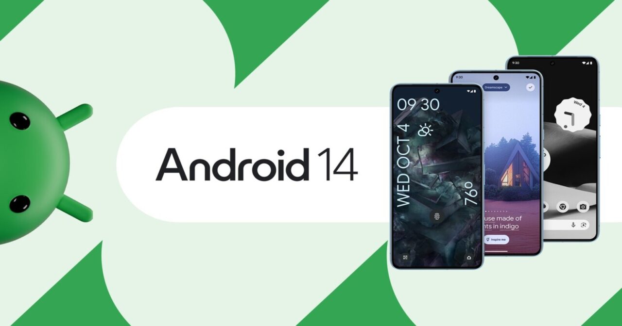 Promocyjna grafika Android 14 od Google przedstawiająca logo systemu operacyjnego i trzy smartfony z nowym interfejsem użytkownika. Współpraca urządzeń z Androidem