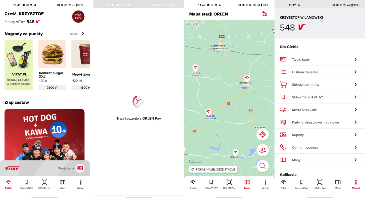 Zrzut ekranu aplikacji mobilnej z widocznymi elementami programu lojalnościowego oraz mapą z lokalizacjami stacji paliw. Na ekranie pojawiają się nazwa użytkownika, ilość punktów lojalnościowych, oferty produktów oraz reklama zestawu hot dog i kawa. Drugi obrazek to mapa z zaznaczonymi stacjami firmy ORLEN i opcjami aplikacji.