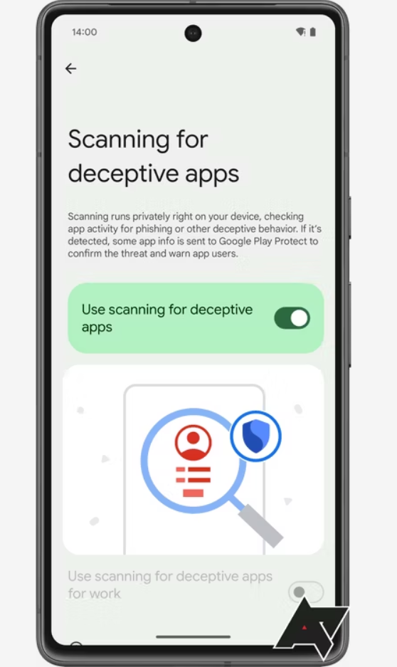 Smartfon wyświetla opcję skanowania w poszukiwaniu oszukańczych aplikacji z włącznikiem aktywacji oraz ilustracją lupy i ikon aplikacji.