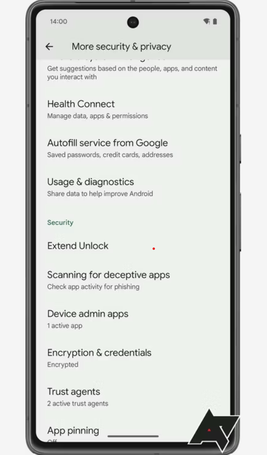 Zrzut ekranu smartfona wyświetlający menu ustawień bezpieczeństwa i prywatności z opcjami takimi jak Health Connect, Autofill service from Google oraz Scanning for deceptive apps.