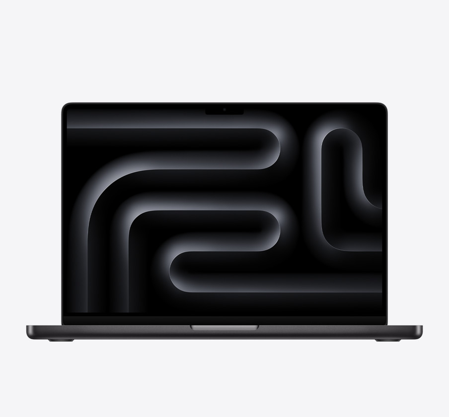 Ein schwarzer Laptop mit dreidimensionaler Rohrgrafik auf dem Bildschirm, von vorne gesehen auf weißem Hintergrund.