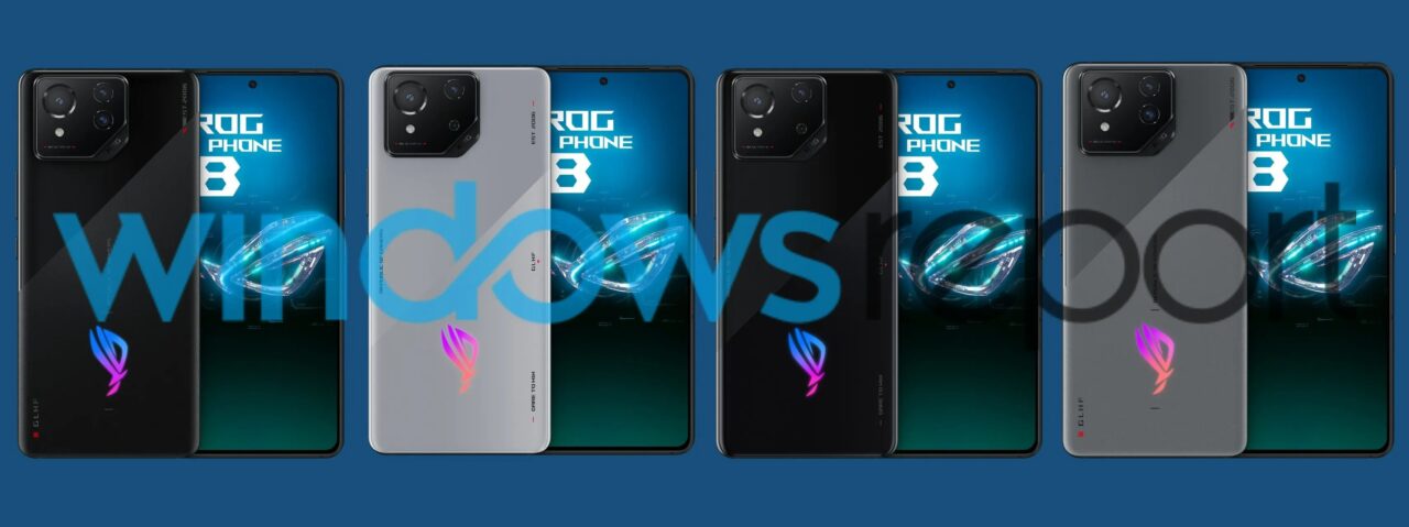 Cztery smartfony ROG Phone 8 różnych kolorów przedstawione z przodu i z tyłu z włączonymi ekranami wyświetlającymi grafikę logo i napis "ROG PHONE 8".