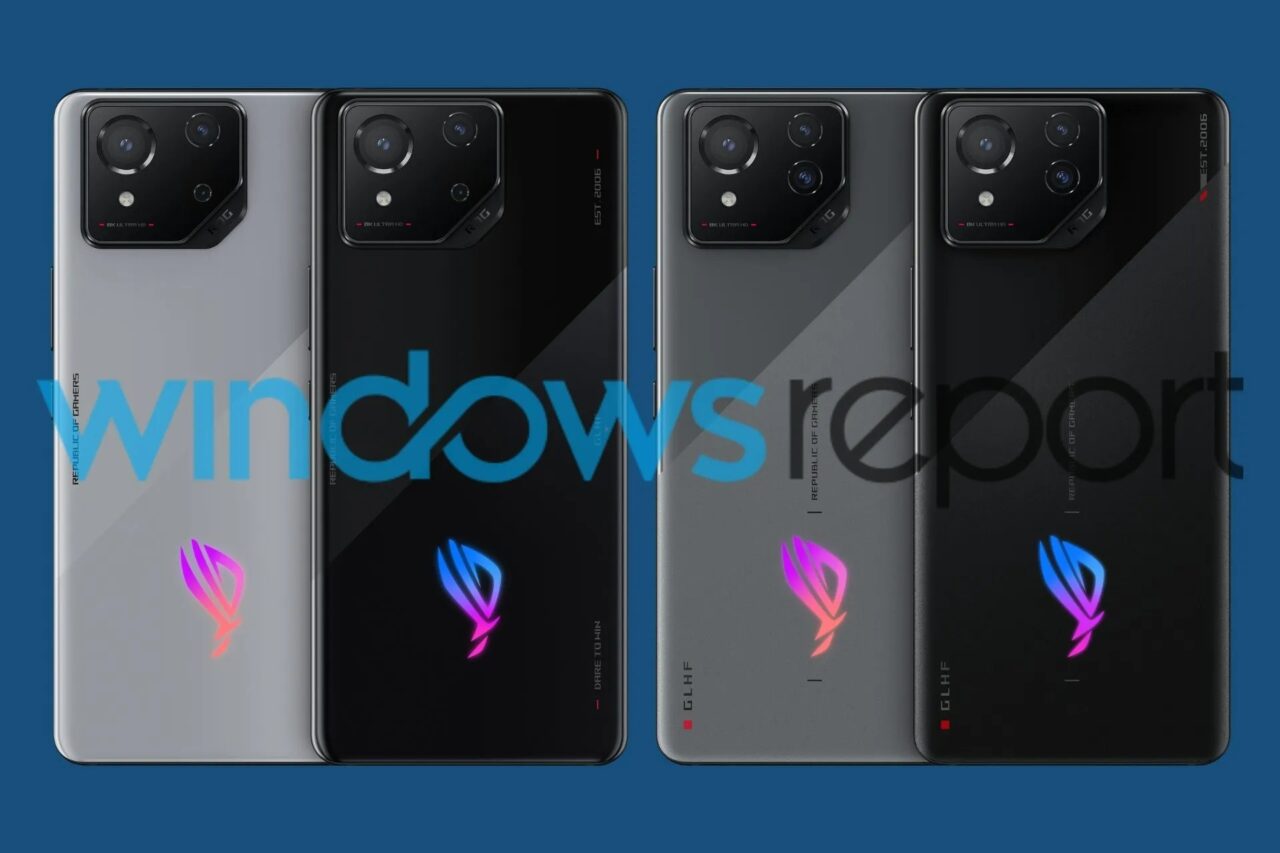 Cztery smartfony ASUS ROG Phone z różnymi kolorami obudowy i projektami logo umieszczone obok siebie na niebieskim tle z logo "windows report" na pierwszym planie.