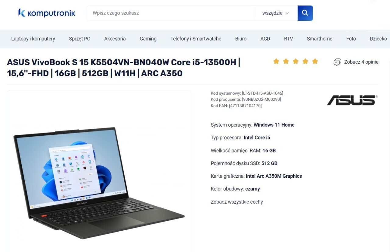 Strona internetowa komputronik z otwartą kartą produktu laptopa ASUS VivoBook S 15 K5504VN-BN040W z specyfikacją techniczną i ocenami użytkowników.