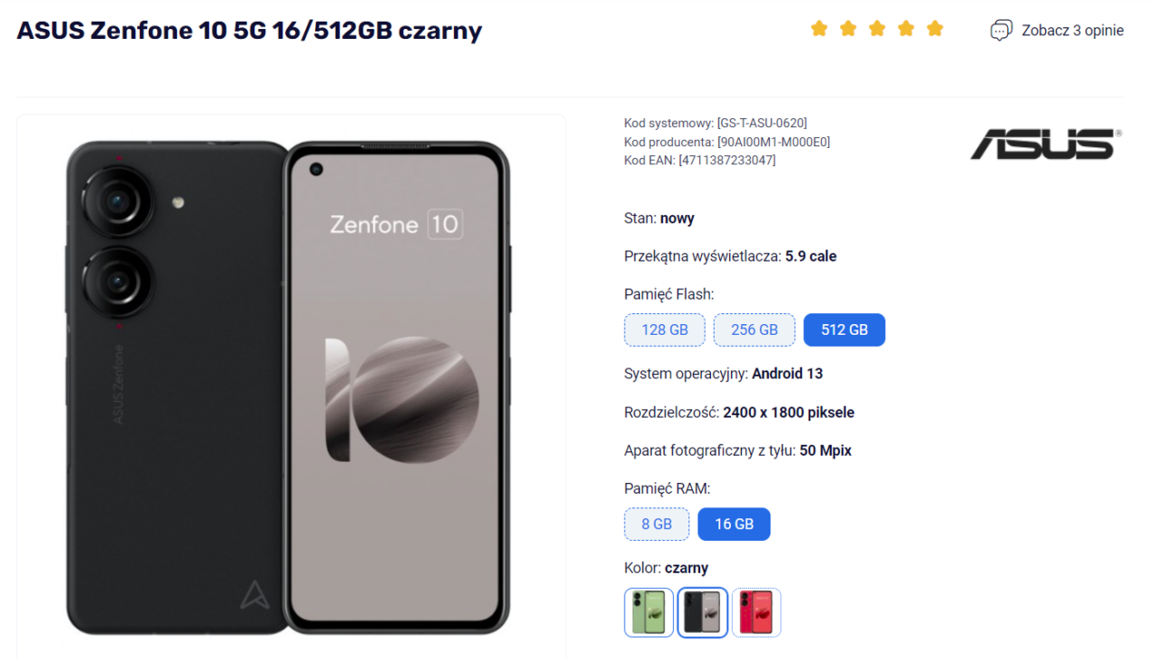 Smartfon ASUS Zenfone 10 5G w kolorze czarnym, przednia i tylna część, z głównymi specyfikacjami na ekranie, takimi jak pamięć Flash, system operacyjny Android 13 i rozdzielczość kamery.