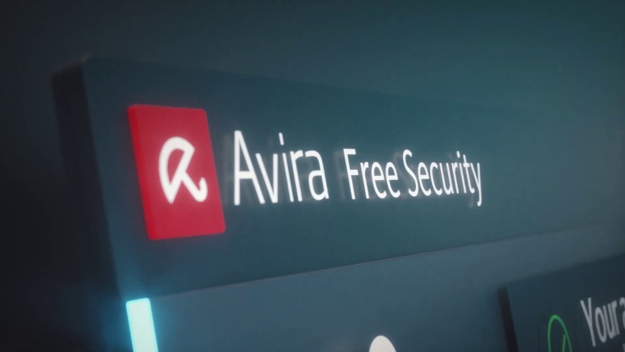 Logo programu antywirusowego Avira Free Security oświetlone z lewej strony na ciemnym tle.