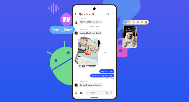 Smartfon z otwartym oknem czatu, gdzie użytkownicy wymieniają się wiadomościami i zdjęciami, w tle graficzne elementy systemu Android i emoji, na niebieskim tle.
