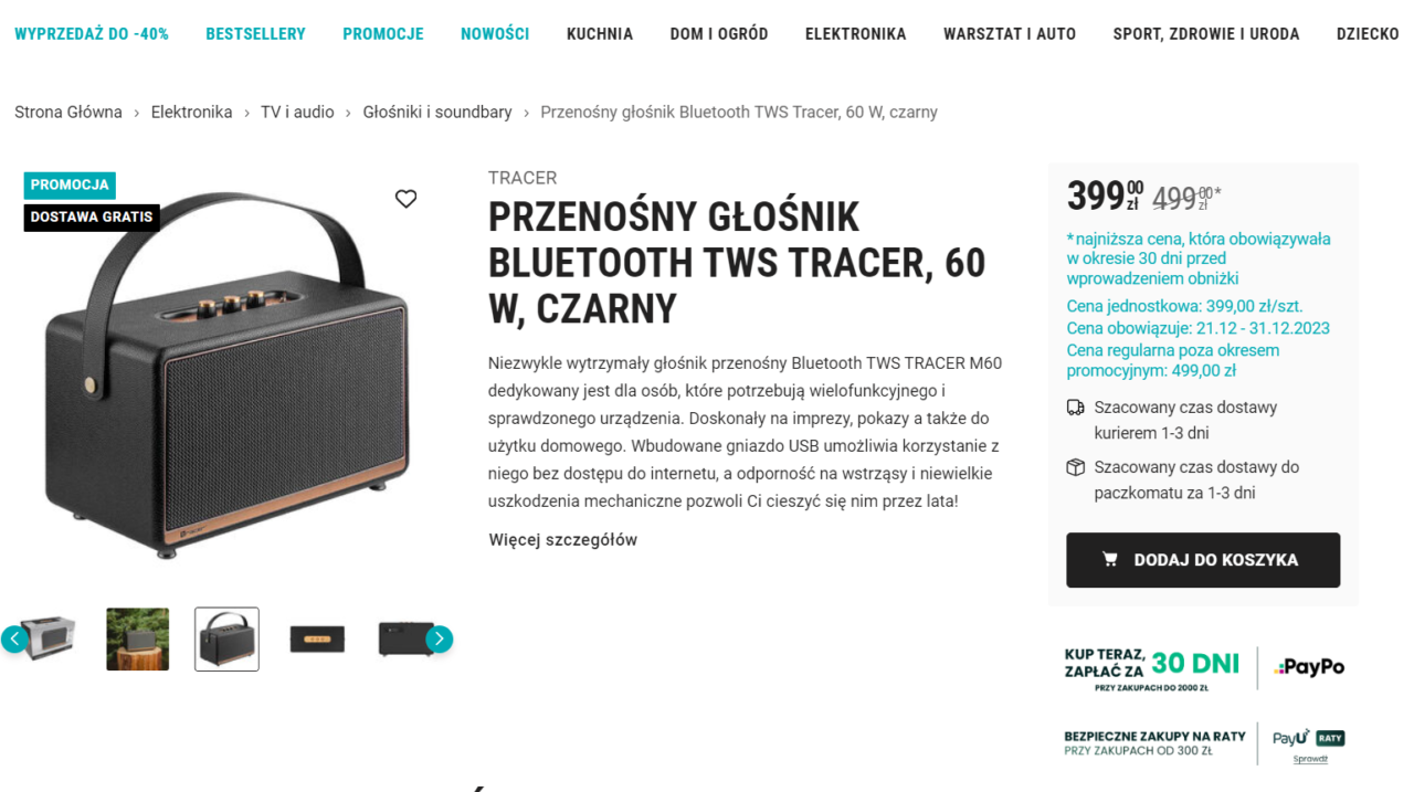 Czarny przenośny głośnik Bluetooth TWS na stronie sklepu internetowego, z promocyjną ceną i przyciskiem "Dodaj do koszyka".