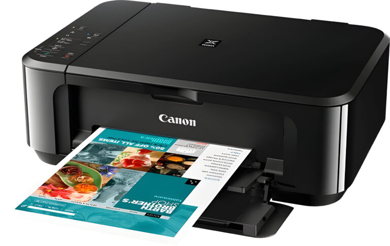 Urządzenie wielofunkcyjne Canon kolorowe z wydrukowaną kolorową stroną z przepisami kucharskimi wysuwającą się z drukarki.