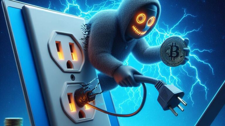 Postać przypominająca ducha w kapturze z podświetlanymi oczy i uśmiechem trzyma monety Bitcoin, wtykając wtyczkę do elektrycznego gniazdka otoczonego przez błyskawice.