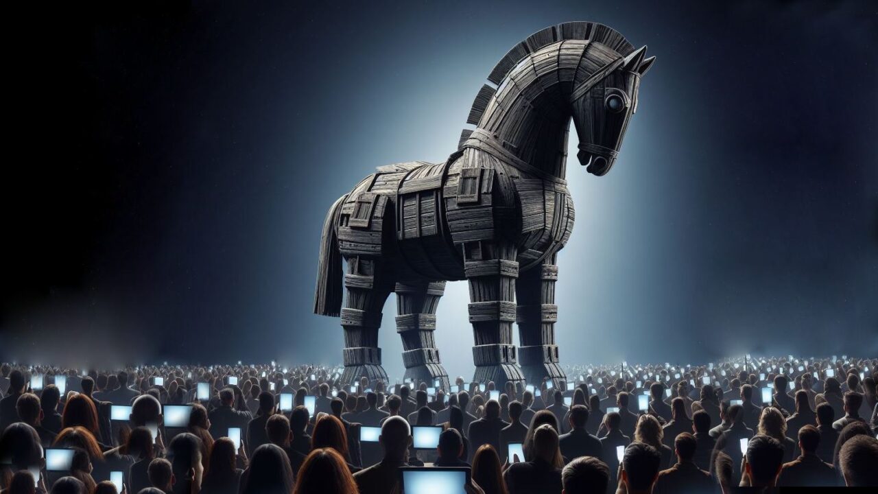 Trojan, malware, złośliwe oprogramowanie. Duży drewniany koń trojański przed tłumem ludzi trzymających podniesione tablety z podświetlonymi ekranami na ciemnym tle.