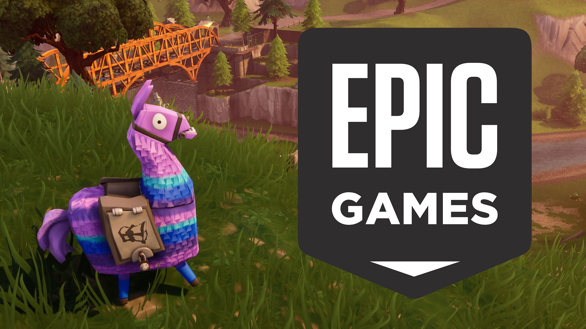 Pinata w kształcie lamy z plecakiem stoi na tle krajobrazu z gry, po prawej stronie widoczne jest logo "EPIC GAMES", w tle gra Fortnite