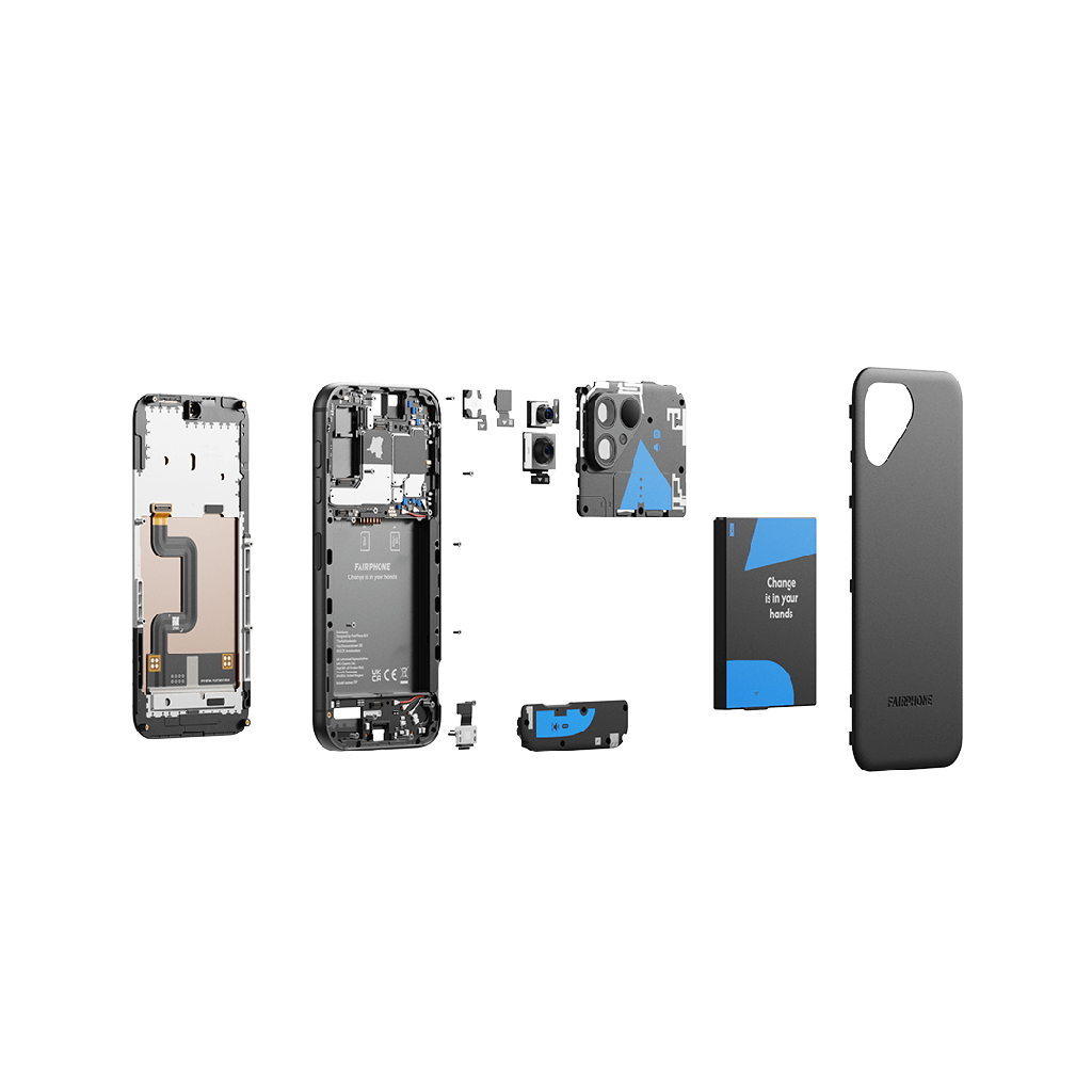Rozłożony smartfon na części, pokazujący wnętrze urządzenia i oddzielne komponenty, w tym obudowę, baterię, moduły kamery i elektronikę.
