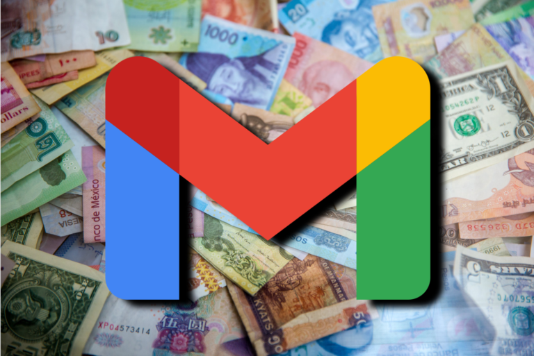 Logo Gmaila nałożone na tło z różnorodnymi banknotami z całego świata. Oszustwa w internecie to również włamania na skrzynki mailowe