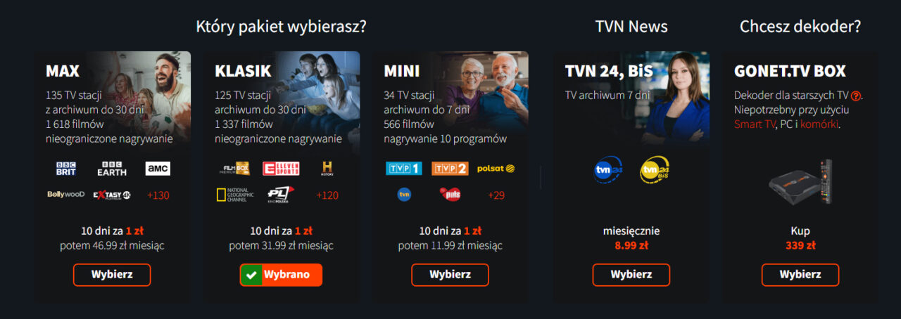 Baner reklamowy z ofertami pakietów telewizyjnych, z trzema różnymi planami abonamentowymi "MAX", "KLASIK" i "MINI" oraz opcjami TVN News i dekodera GONET.TV BOX, włączając ceny i przyciski wyboru.