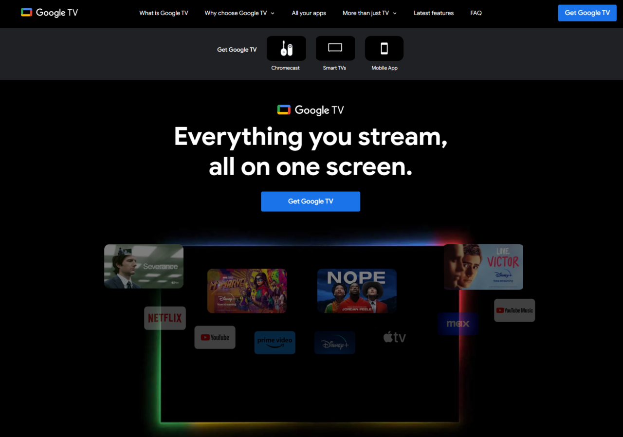 Zrzut ekranu strony internetowej Google TV z hasłem "Everything you stream, all on one screen" i miniaturkami różnych filmów i seriali oferowanych przez usługi streamingowe takie jak Netflix, YouTube, Prime Video, Disney+, Apple TV i HBO Max.