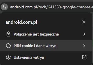 Zrzut ekranu menu bezpieczeństwa przeglądarki z zaznaczoną opcją "Połączenie jest bezpieczne" i dostępnymi opcjami "Pliki cookie i dane witryn" oraz "Ustawienia witryn" na stronie internetowej android.com.pl.
