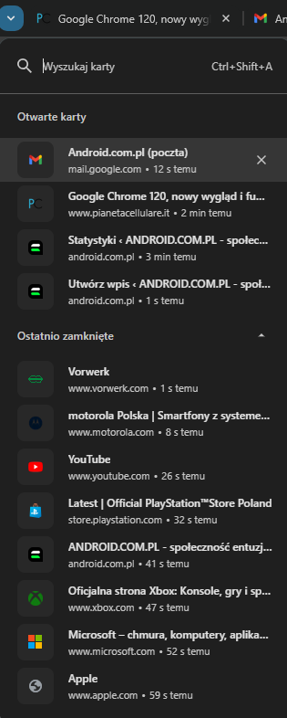 Zrzut ekranu z zakładkami przeglądarki Google Chrome przedstawiający otwarte i niedawno zamknięte karty, z widocznymi nazwami stron internetowych oraz ikonkami serwisów.